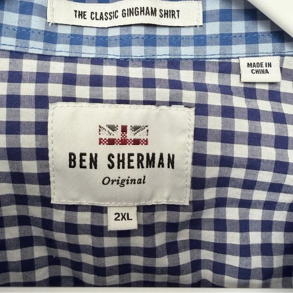 NWT Men’s Ben Sherman Blue and White Checkered Long Sleeve Gingham Shirt, 2XL - Picture 5 of 8